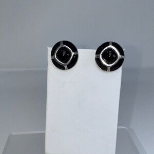 Vintage Monet Black and Silver Round Clip on Earrings